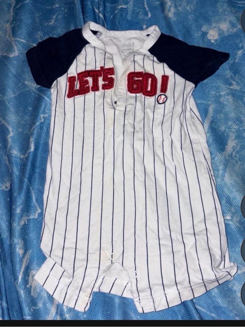 child of mine White & Navy Pinstripe 'LET'S GO!' Baseball Romper